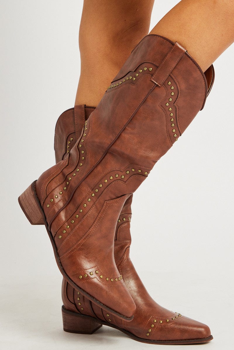 Brown Studded Boots for Ally Fashion