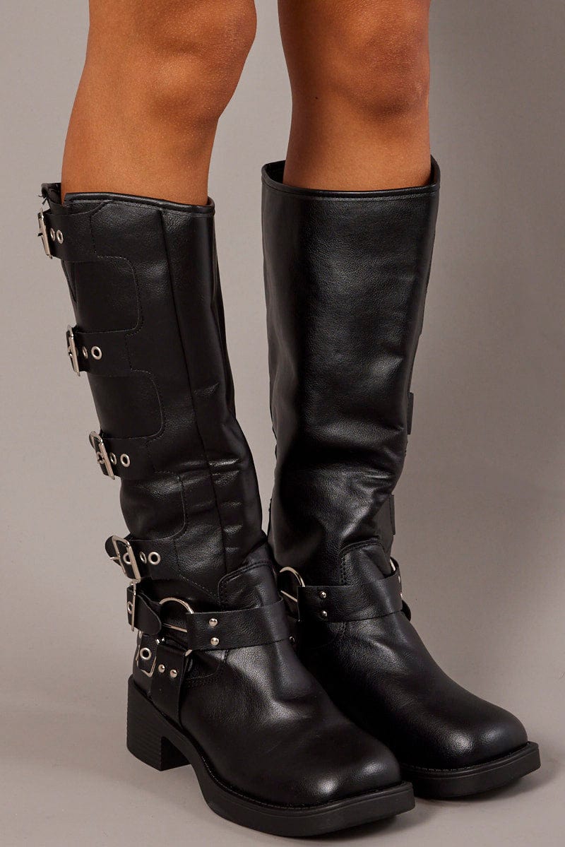 Black Buckle Detail Biker Boots for Ally Fashion