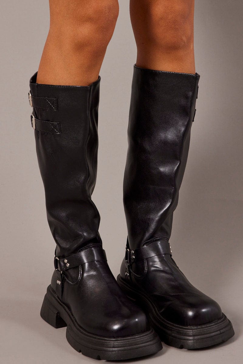 Black Chunky Knee High Boots Biker Boots for Ally Fashion