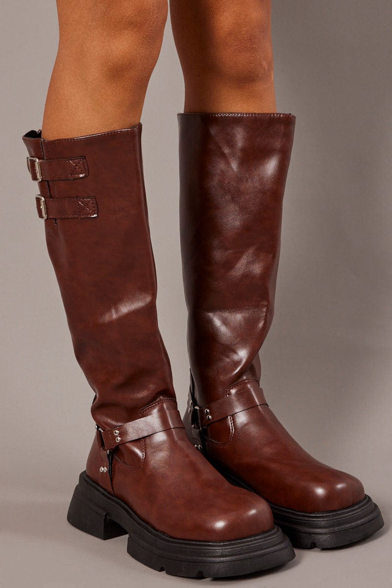 Brown Chunky Knee High Boots Biker Boots for Ally Fashion