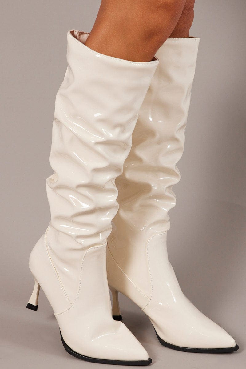 White Ruched Stiletto Boots from Ally Fashion