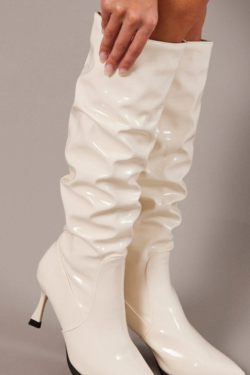 White Ruched Stiletto Boots for Ally Fashion