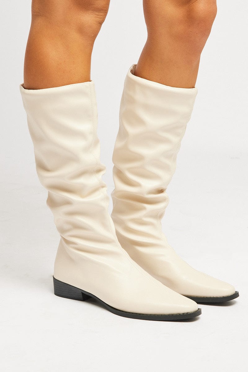 White Ruched Western Boots for Ally Fashion