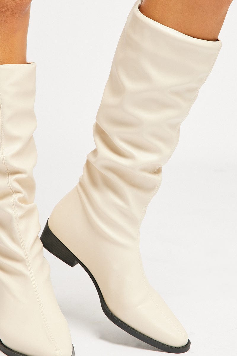 White Ruched Western Boots for Ally Fashion