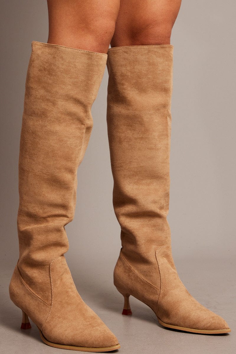 Beige Knee High Boots Beige Heeled Knee High Boots Ally Fashion