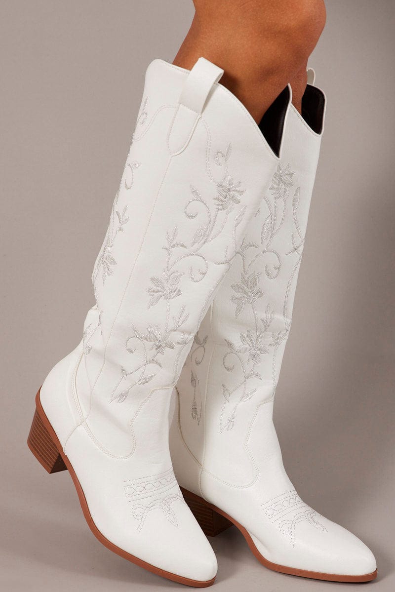 White Embroidered Western Boots for Ally Fashion