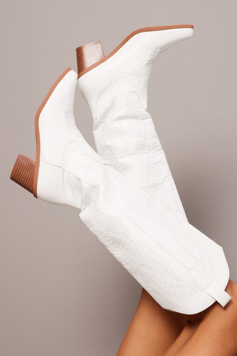 White Embroidered Western Boots for Ally Fashion