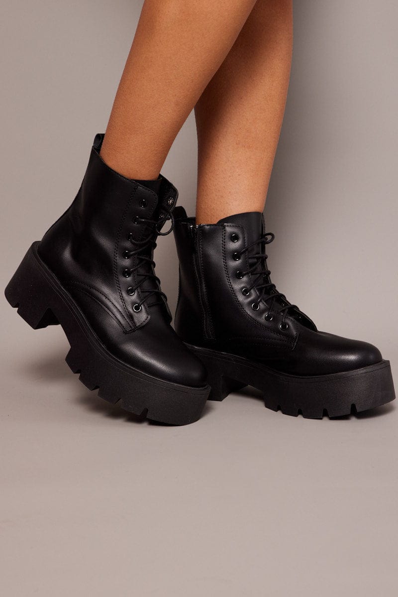 Black Lace Up Chunky Boots for Ally Fashion