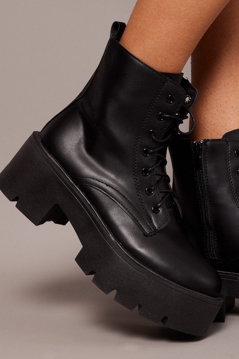 Black Lace Up Chunky Boots for Ally Fashion