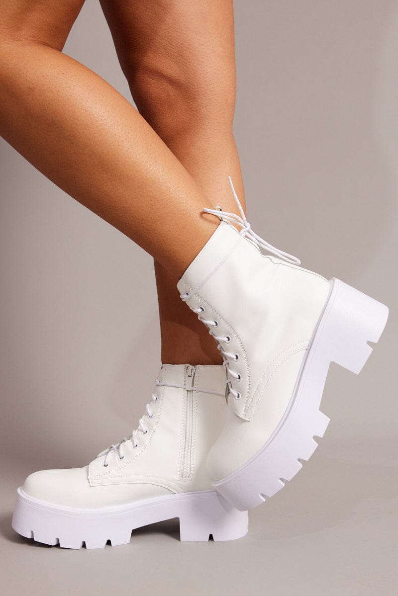 White Lace Up Chunky Boots for Ally Fashion