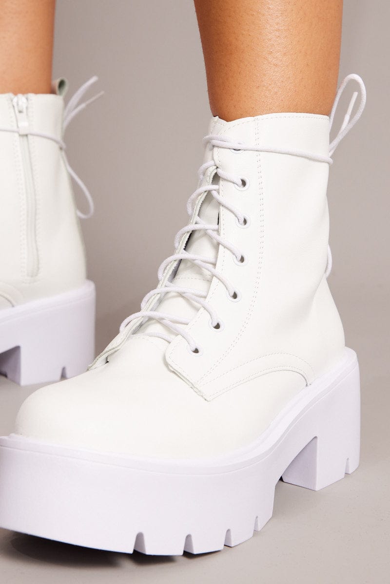 White Lace Up Chunky Boots Ally Fashion