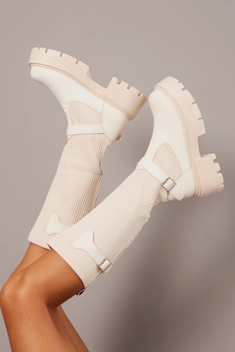 White Knee High Chunky Sole Boots for Ally Fashion