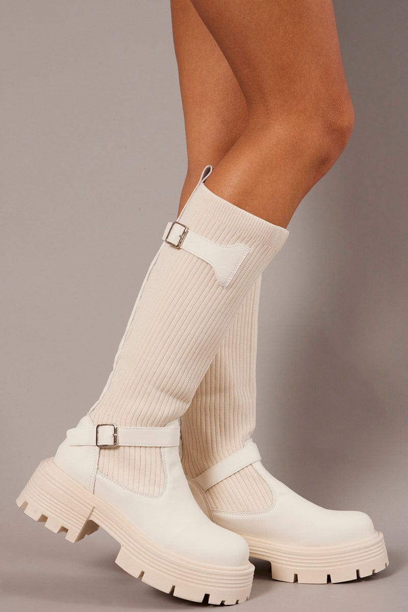 White Knee High Chunky Sole Boots Ally Fashion - Main Image