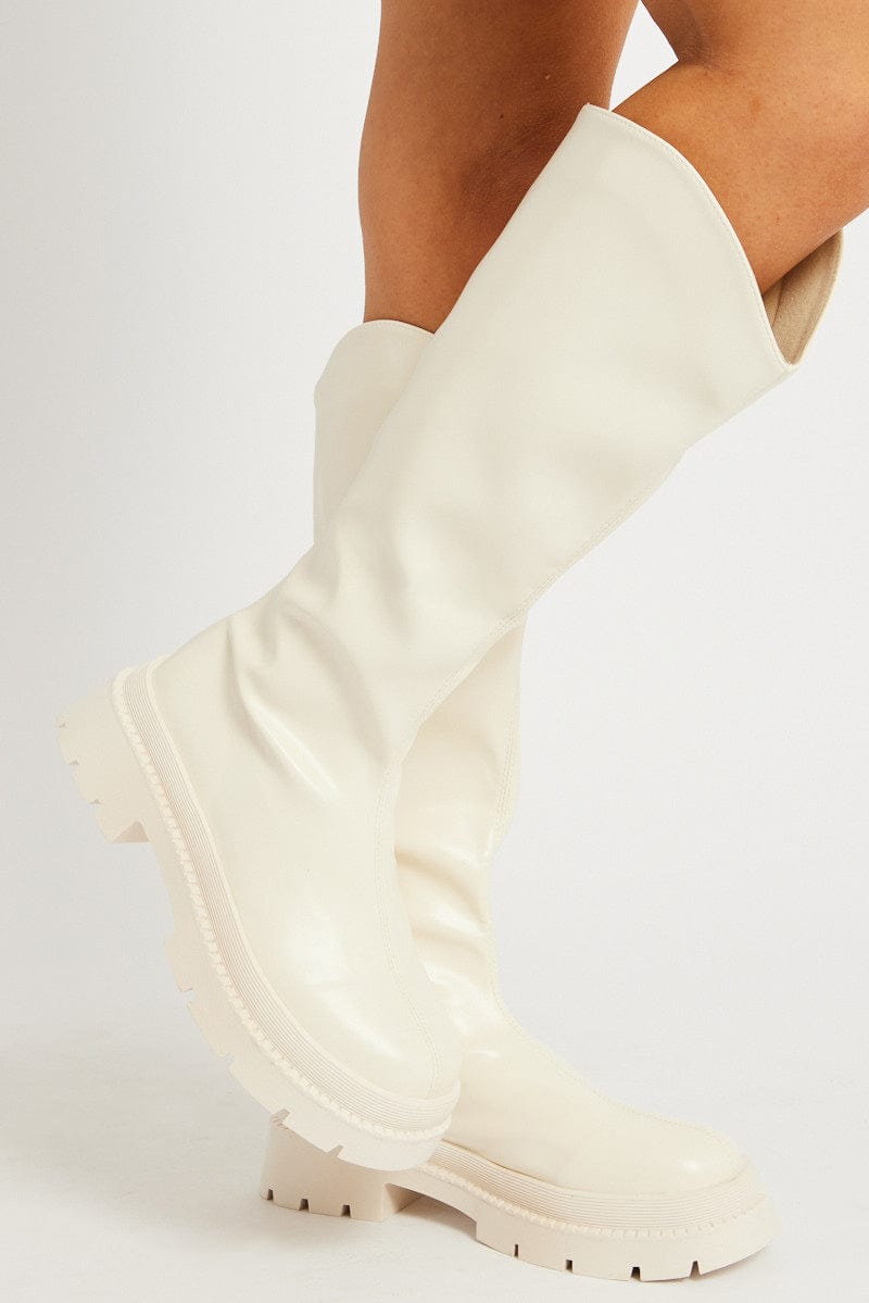 White Chunky Knee High Boots for Ally Fashion