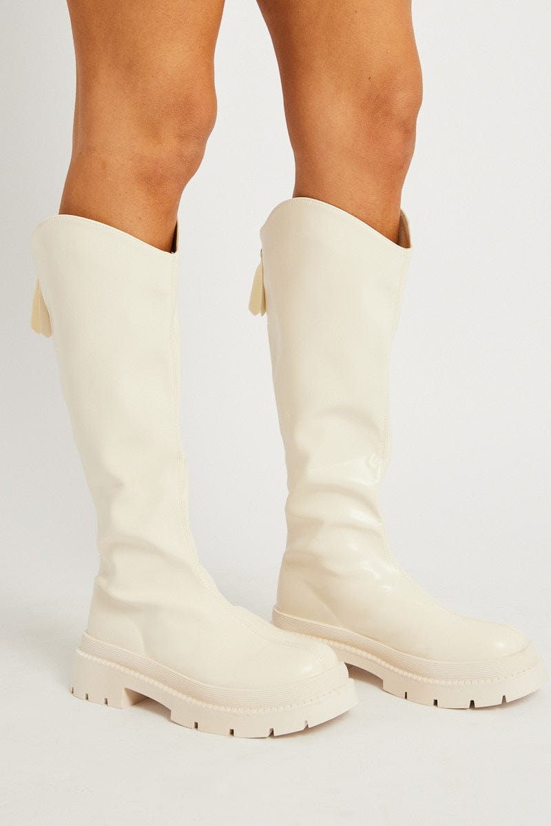 White Chunky Knee High Boots for Ally Fashion