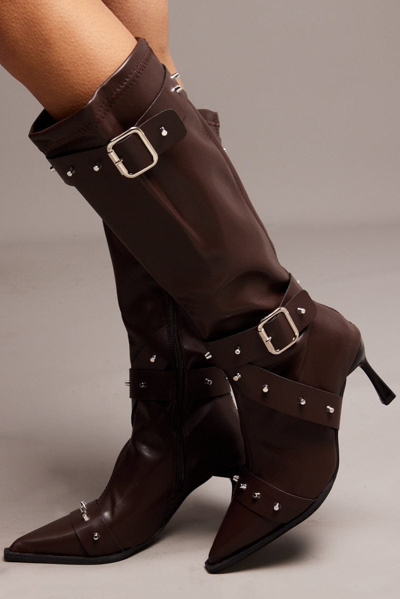 Brown Studded Strap Heeled Knee Boots for Ally Fashion