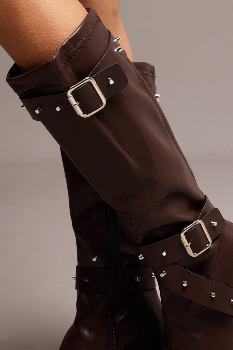 Brown Studded Strap Heeled Knee Boots for Ally Fashion