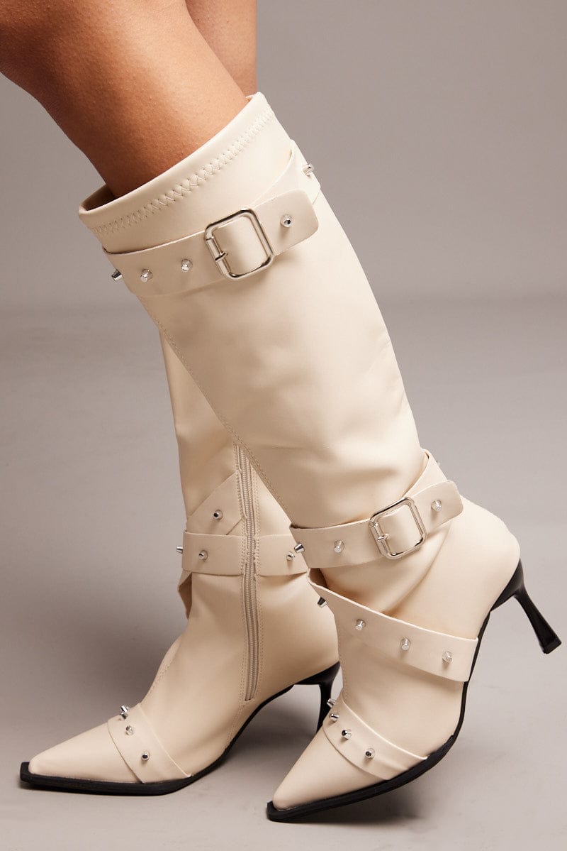 White Studded Strap Heeled Knee Boots for Ally Fashion