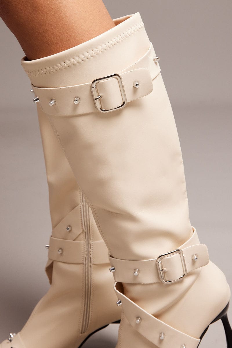 White Studded Strap Heeled Knee Boots for Ally Fashion