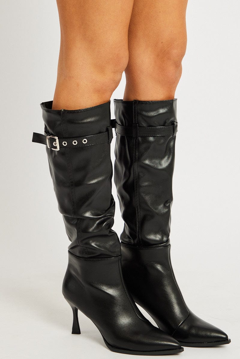 Black Buckle Detail Ruched Boots for Ally Fashion