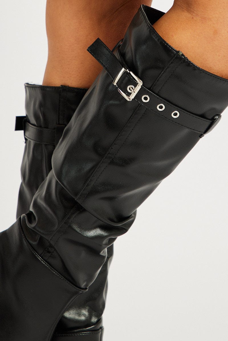 Black Buckle Detail Ruched Boots for Ally Fashion