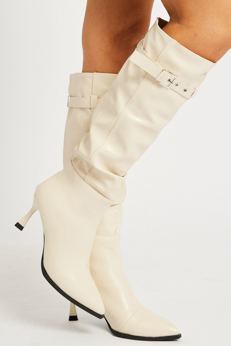 White Buckle-Detail Ruched Boots from Ally Fashion