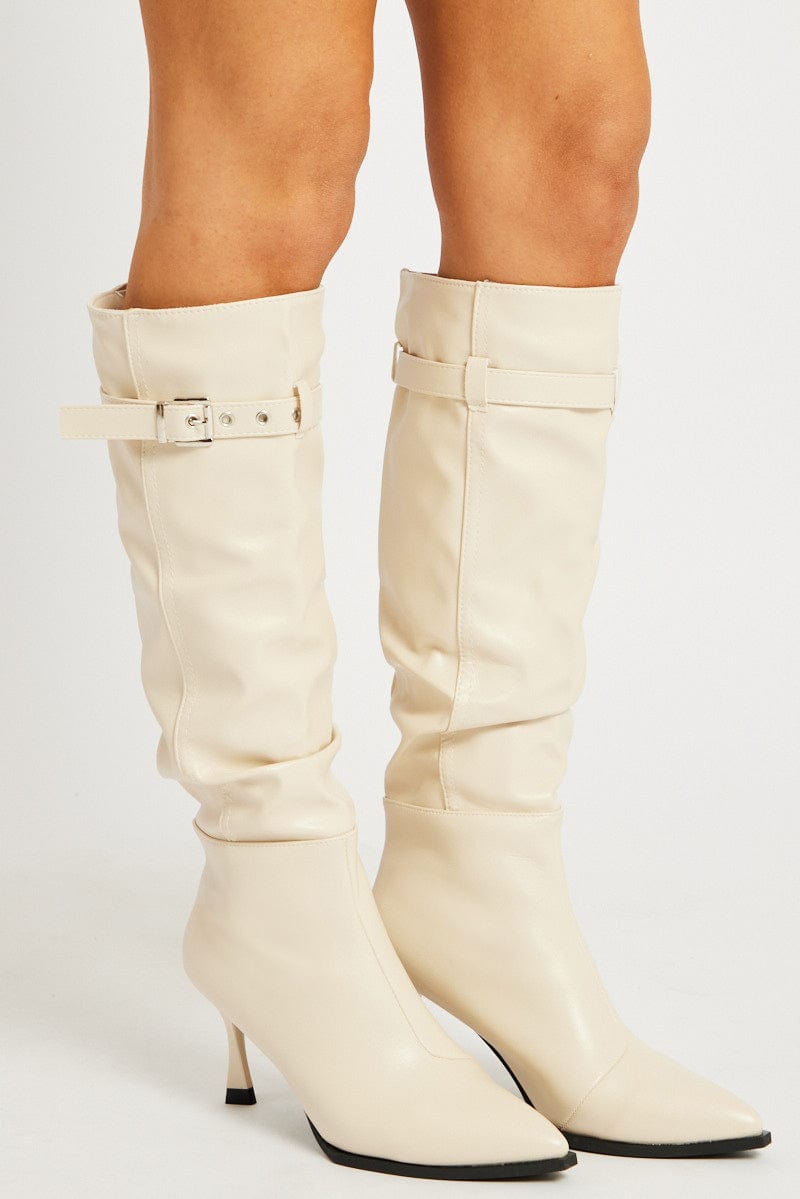 White Buckle Detail Ruched Boots for Ally Fashion