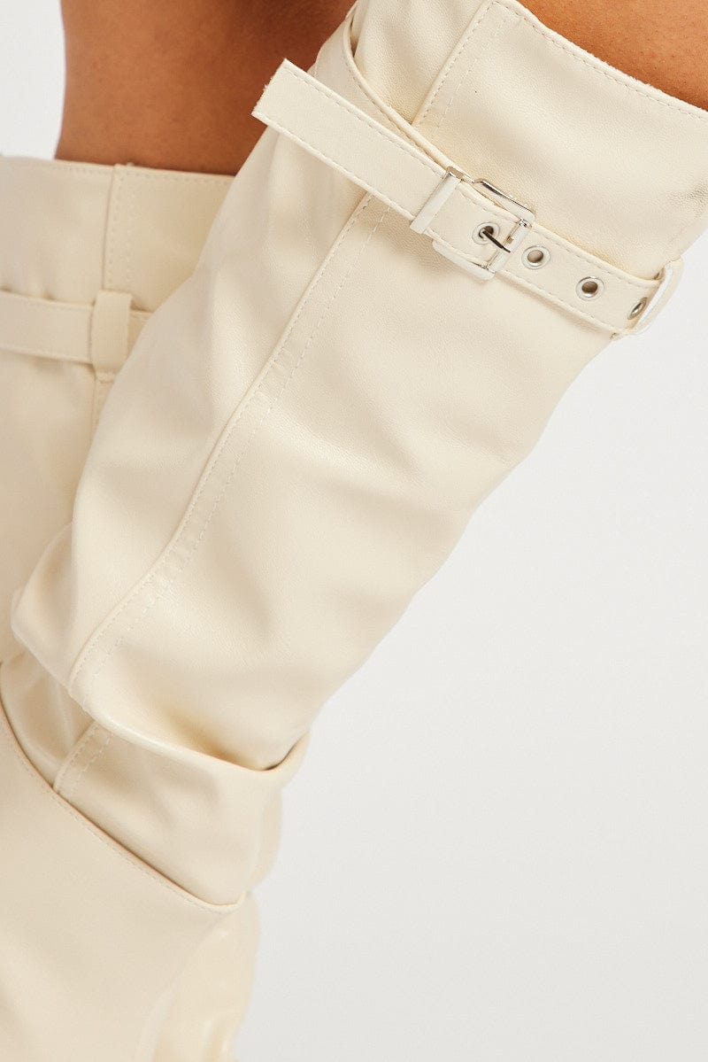 White Buckle Detail Ruched Boots for Ally Fashion