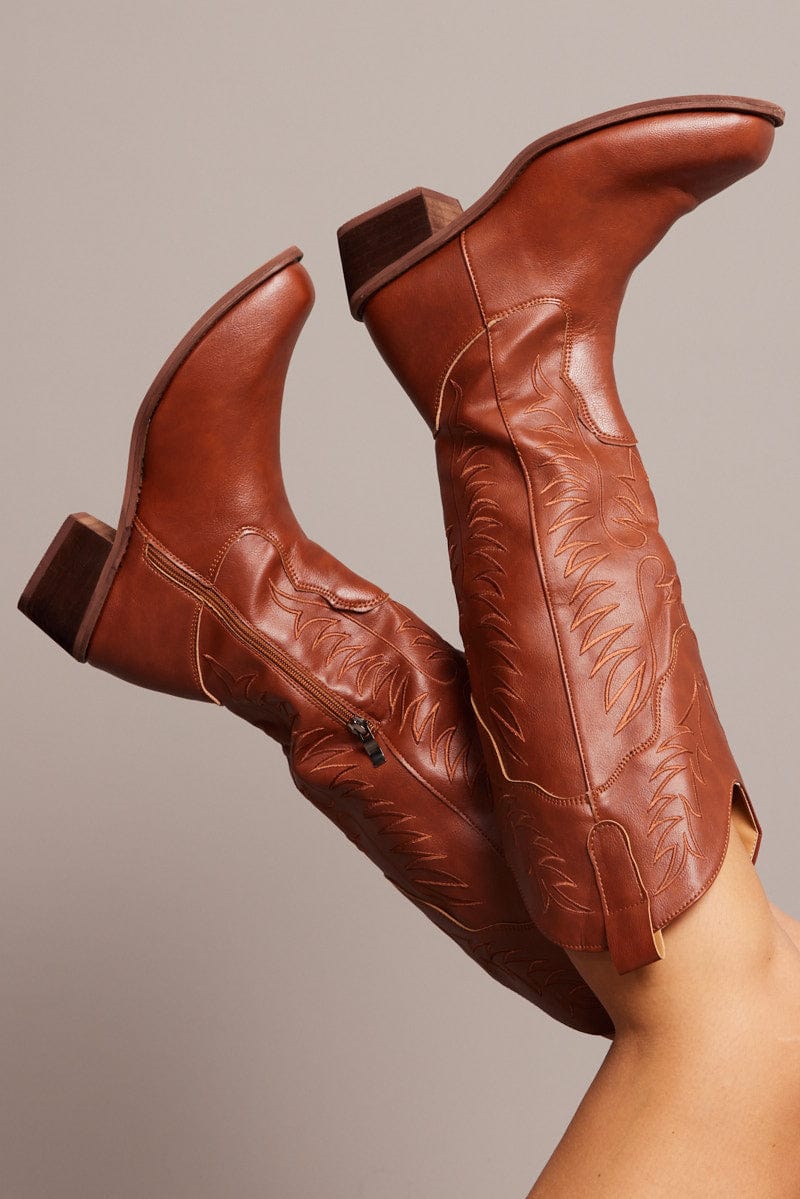 Brown Embroidered Cowboy Boots for Ally Fashion