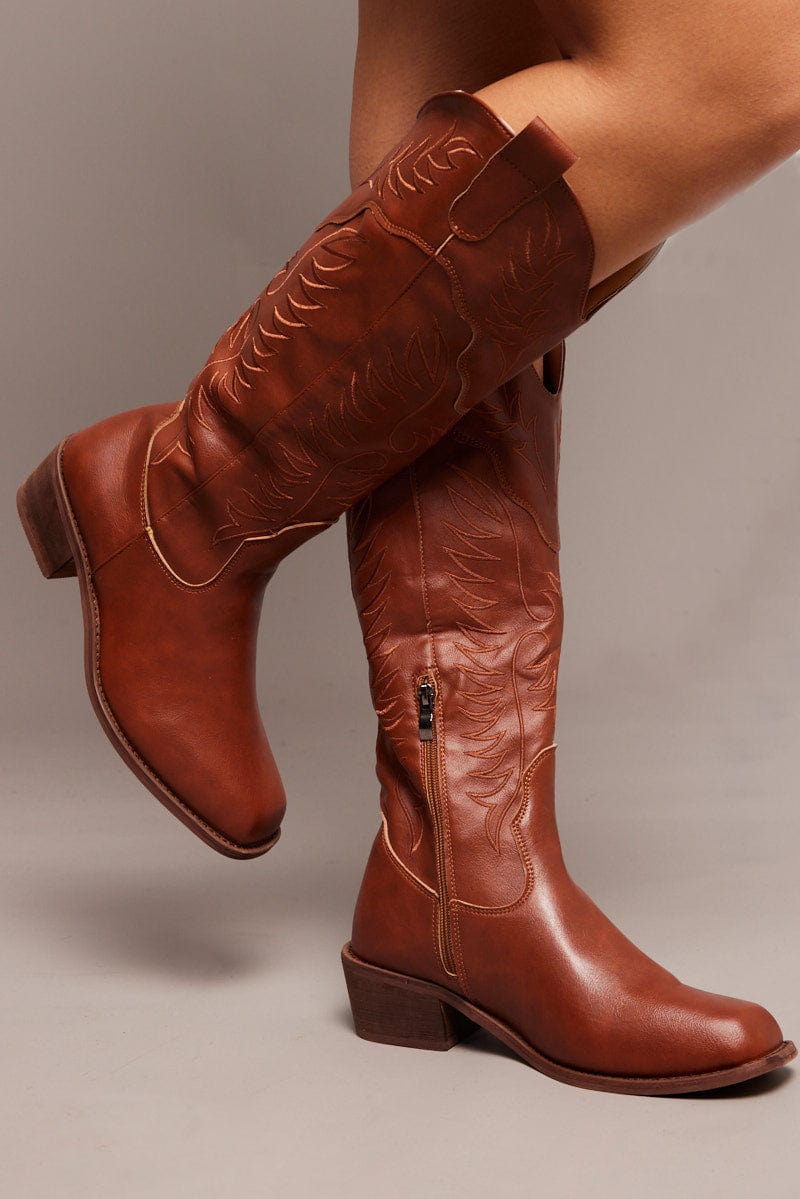 Brown Embroidered Cowboy Boots for Ally Fashion