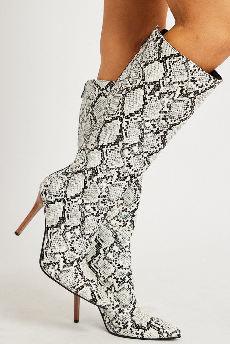 White Animal Print Heeled Knee Boots with Snake Print for Ally Fashion