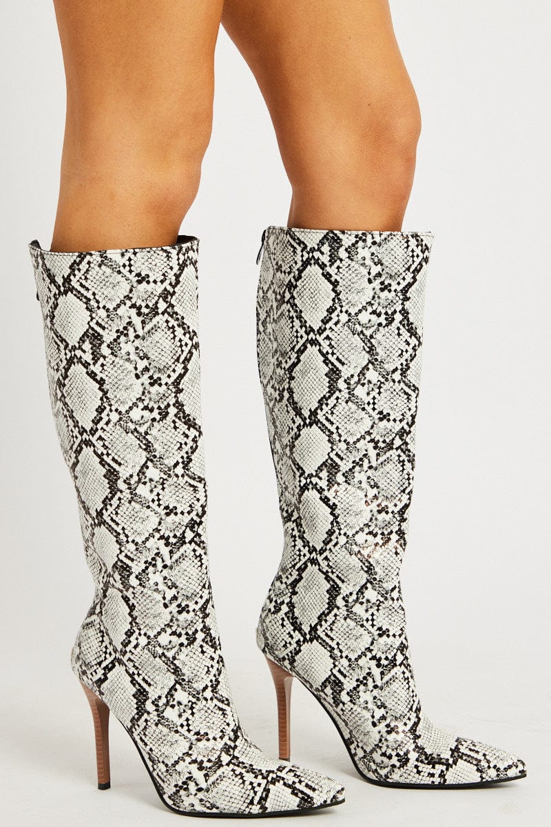 White Animal Print Heeled Knee Boots with Snake Print Ally Fashion
