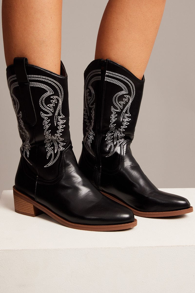 Black Embroidered Cowboy Boots for Ally Fashion