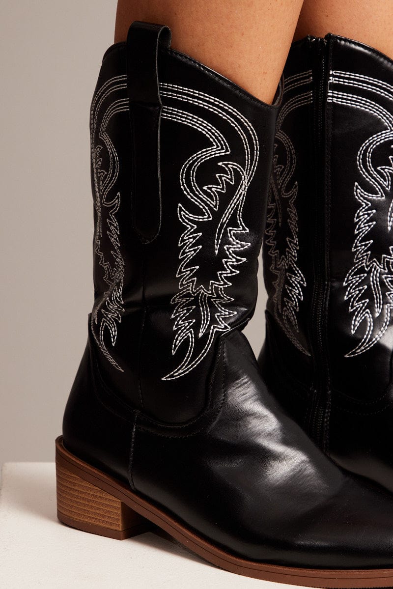 Black Embroidered Cowboy Boots for Ally Fashion