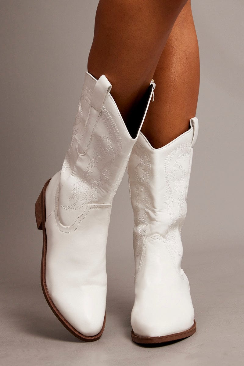 White Embroidered Cowboy Boots for Ally Fashion