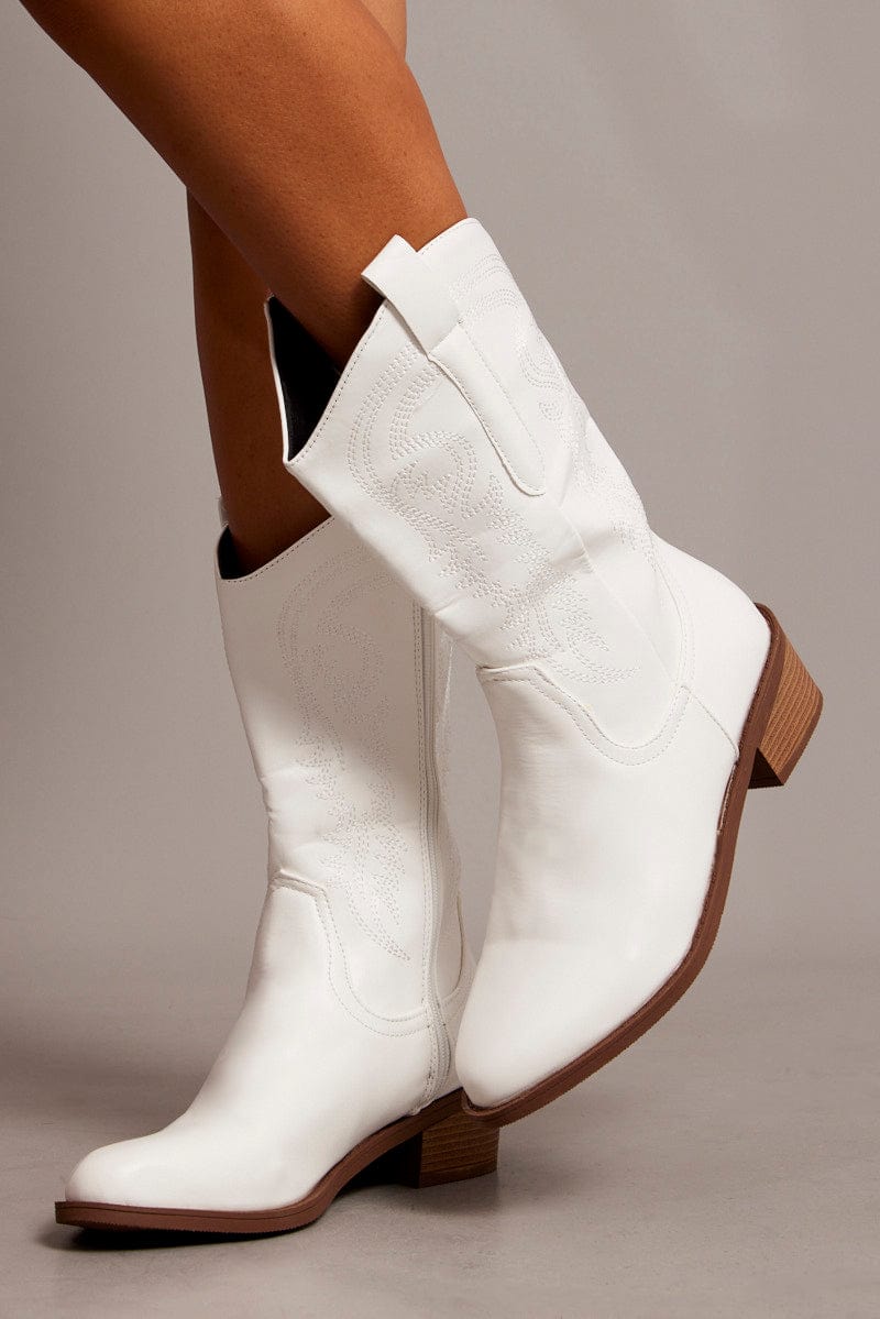 White Embroidered Cowboy Boots for Ally Fashion