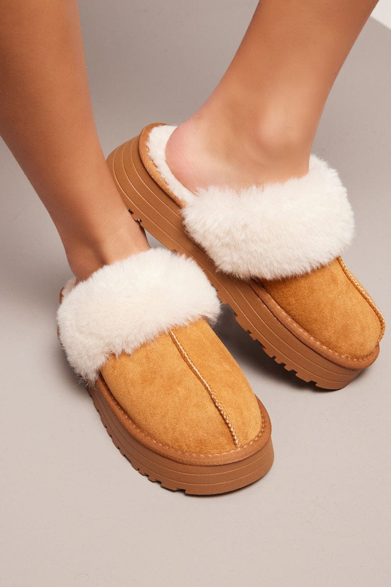 Beige Chunky Faux Fur Mule Slippers for Ally Fashion