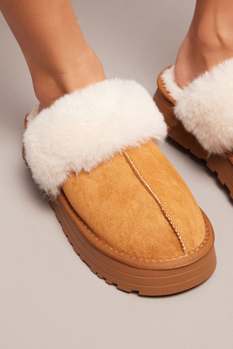 Beige Chunky Faux Fur Mule Slippers for Ally Fashion