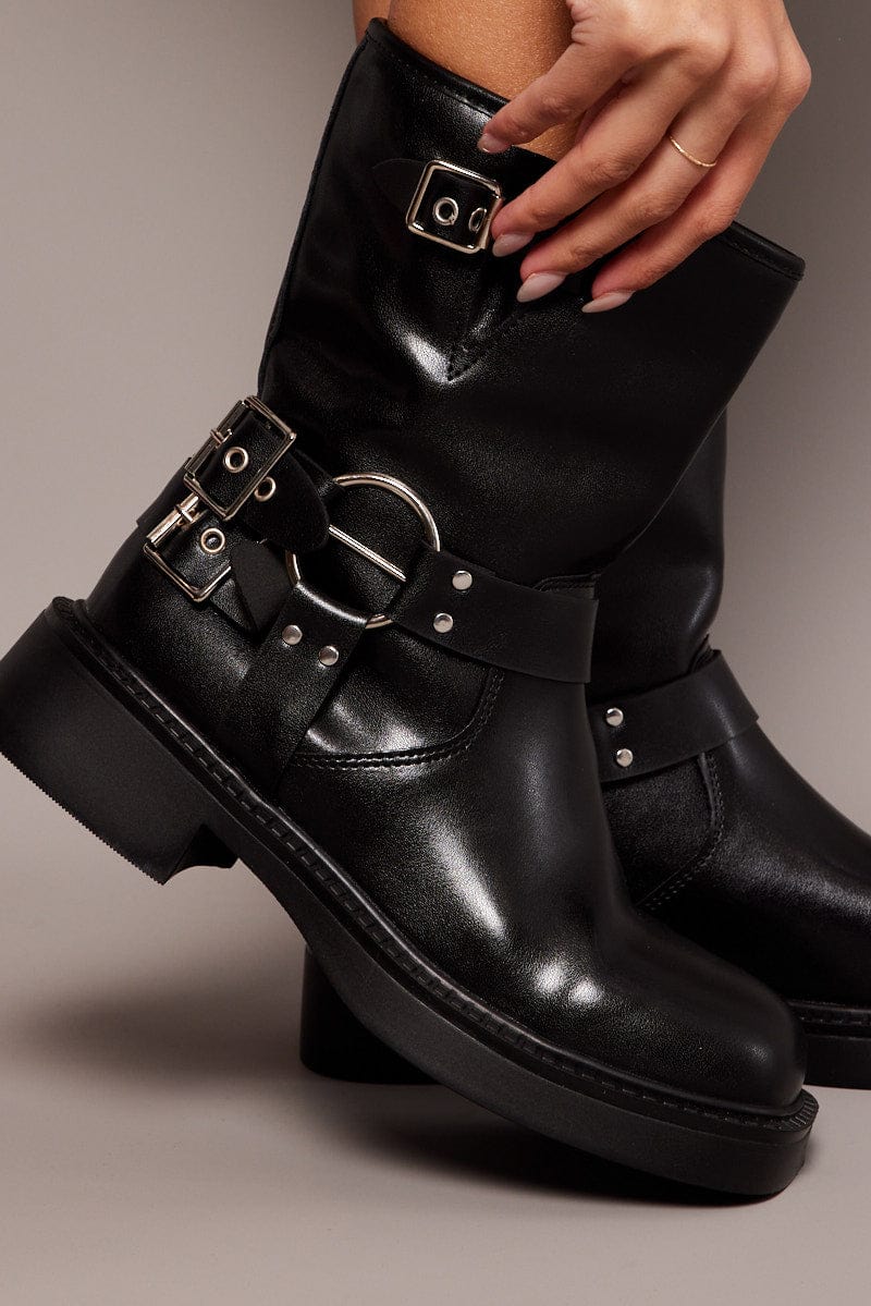 Black Multi Buckle Biker Boots for Ally Fashion