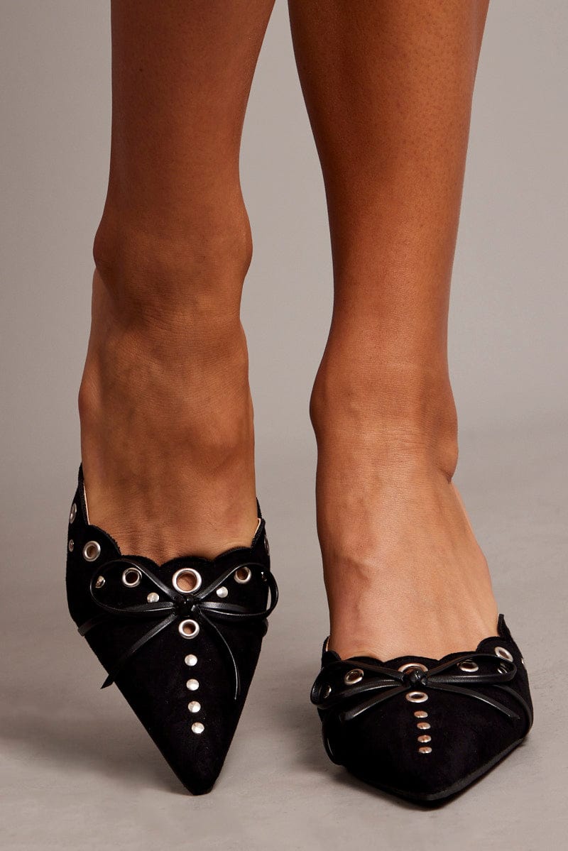 Black Eyelet Detail Kitten Heeled Mules for Ally Fashion