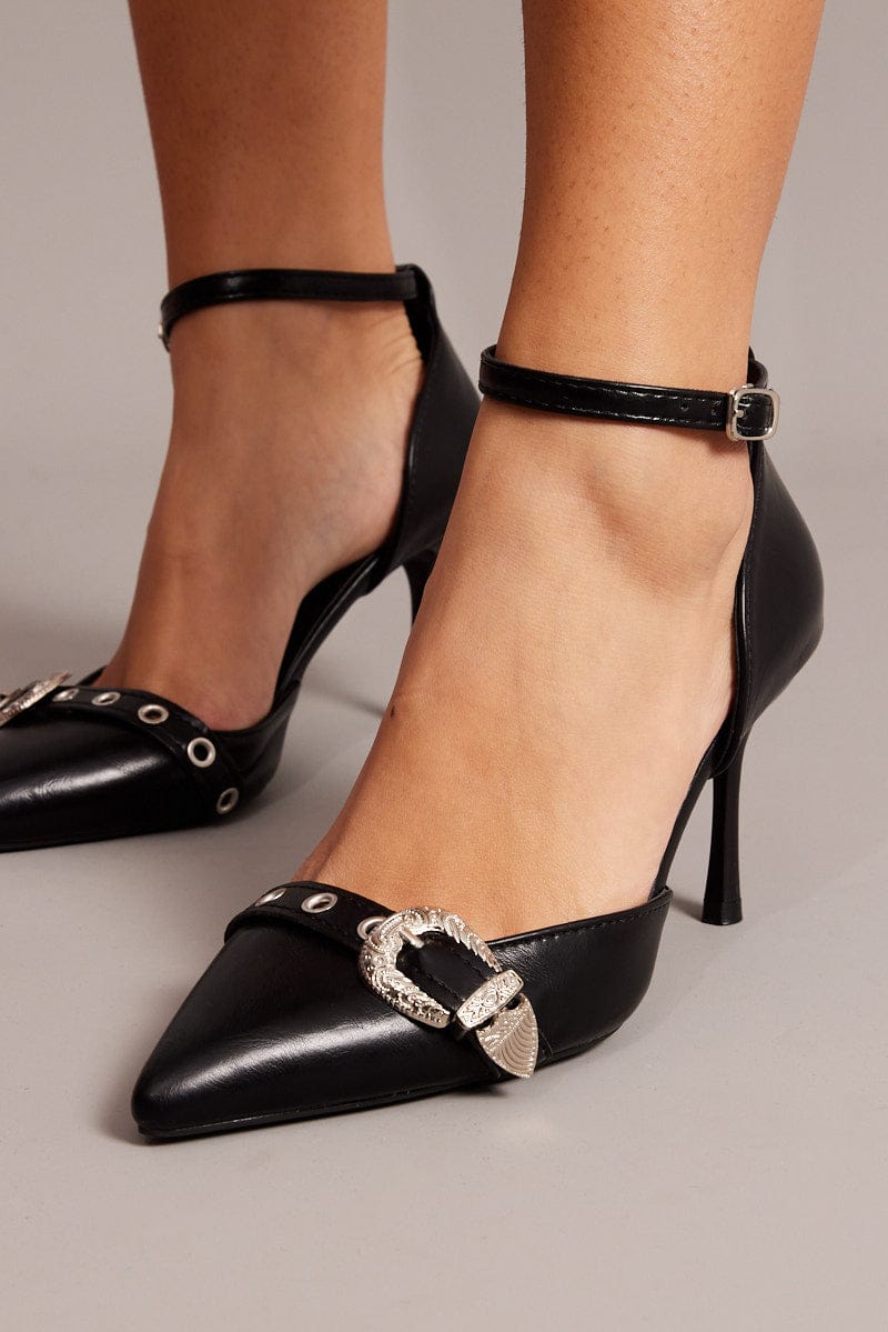 Black Buckle Decor Heeled Shoes for Ally Fashion