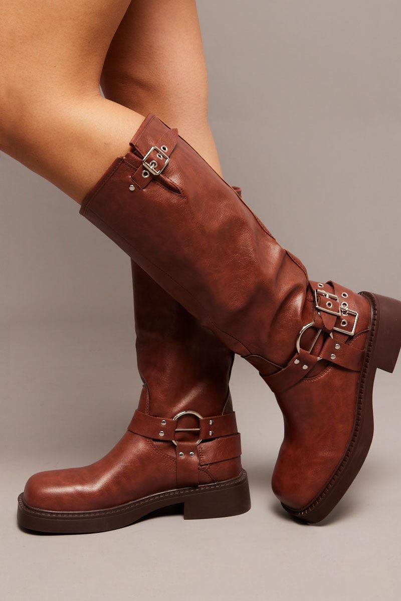 Brown Buckle Detail Biker Boots for Ally Fashion