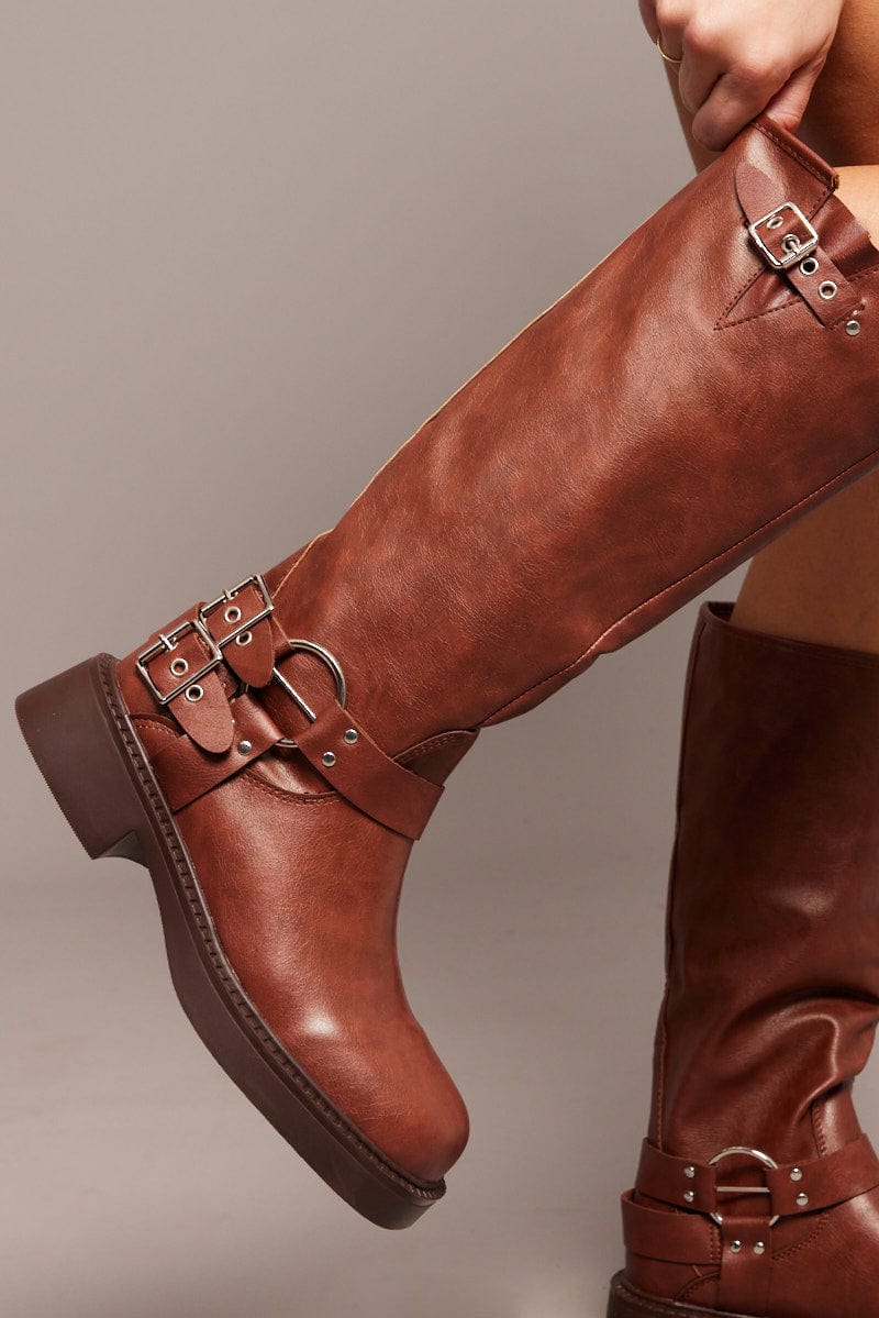 Brown Buckle Detail Biker Boots for Ally Fashion