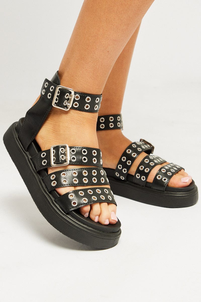 Black Eyelet Chunky Sandals for Ally Fashion