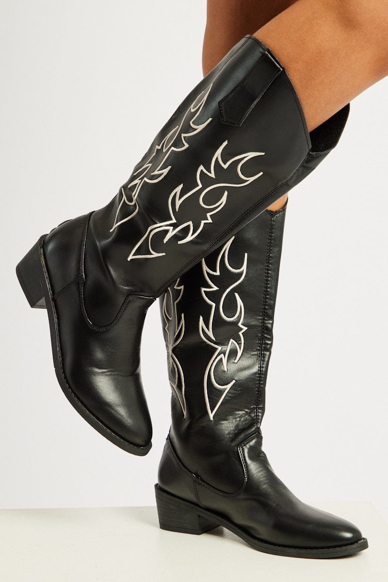 Black Embroidered Western Boots for Ally Fashion