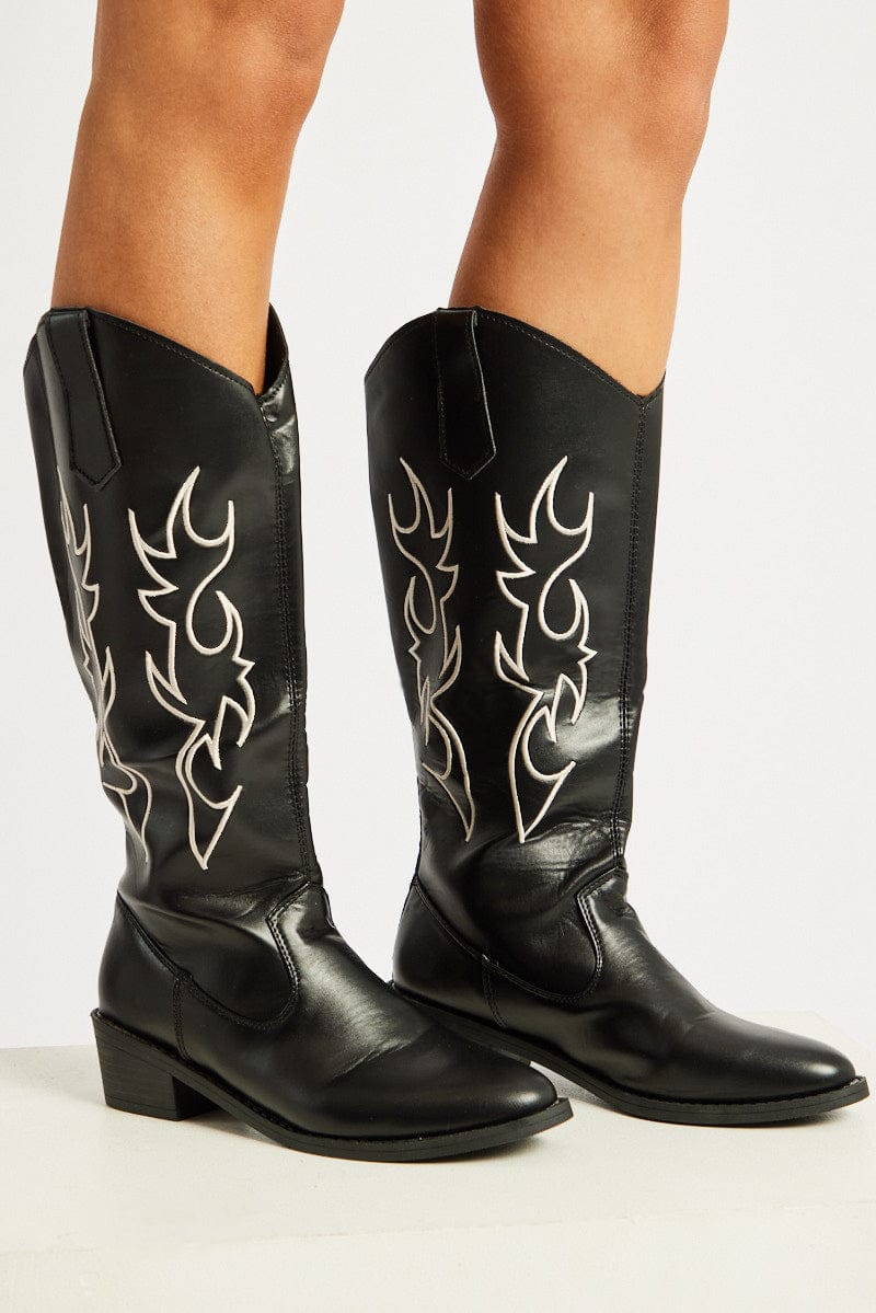 Black Embroidered Western Boots for Ally Fashion