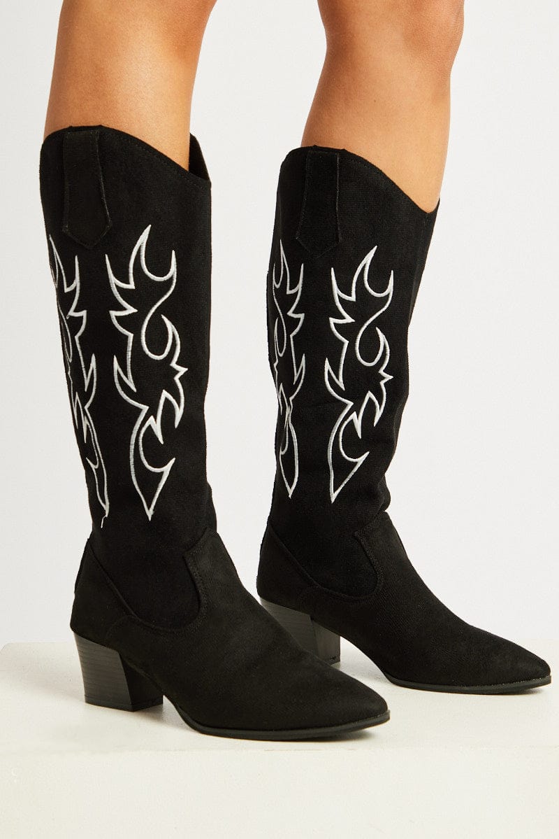 Black Suede Embroidered Western Boots for Ally Fashion