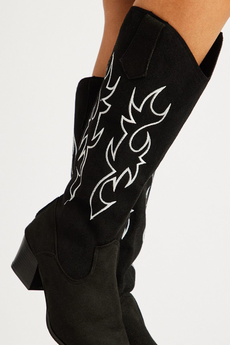 Black Suede Embroidered Western Boots for Ally Fashion