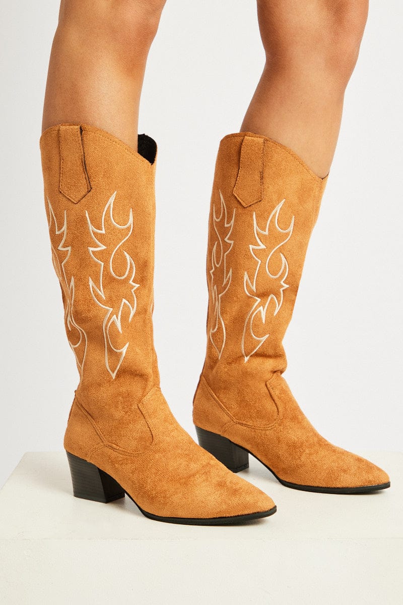 Beige Suede Embroidered Western Boots for Ally Fashion