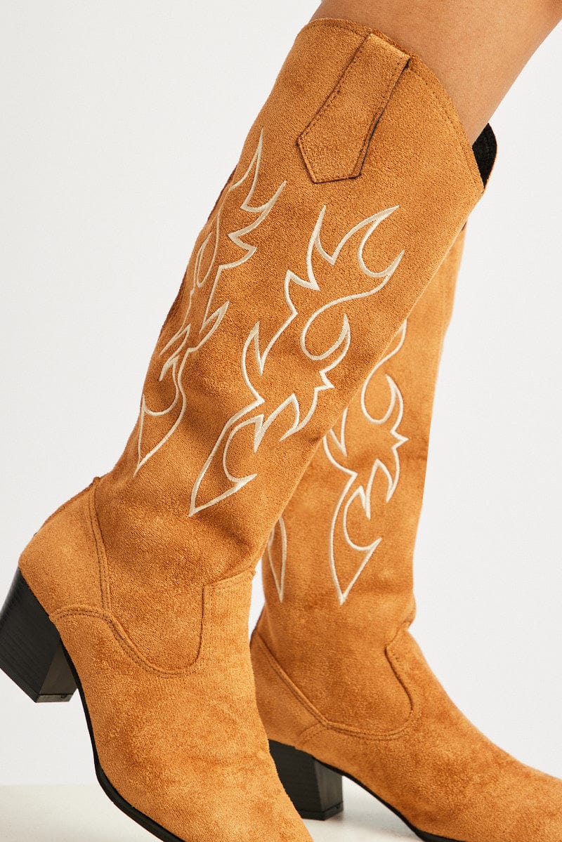 Beige Suede Embroidered Western Boots for Ally Fashion